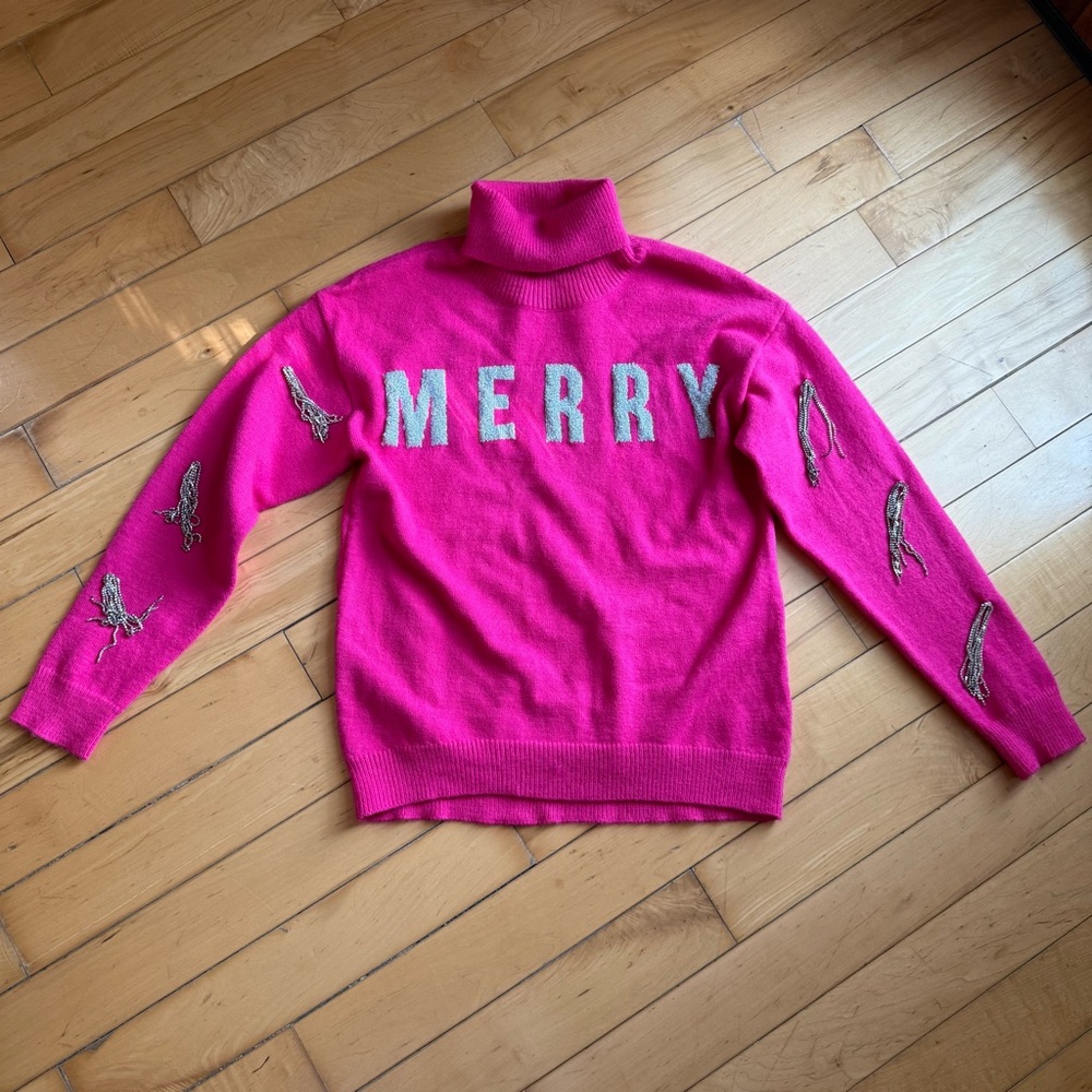 GRACE+EMMA Pink Merry, Rhinestone Tassel Long Sleeve Turtleneck Pullover Sweater